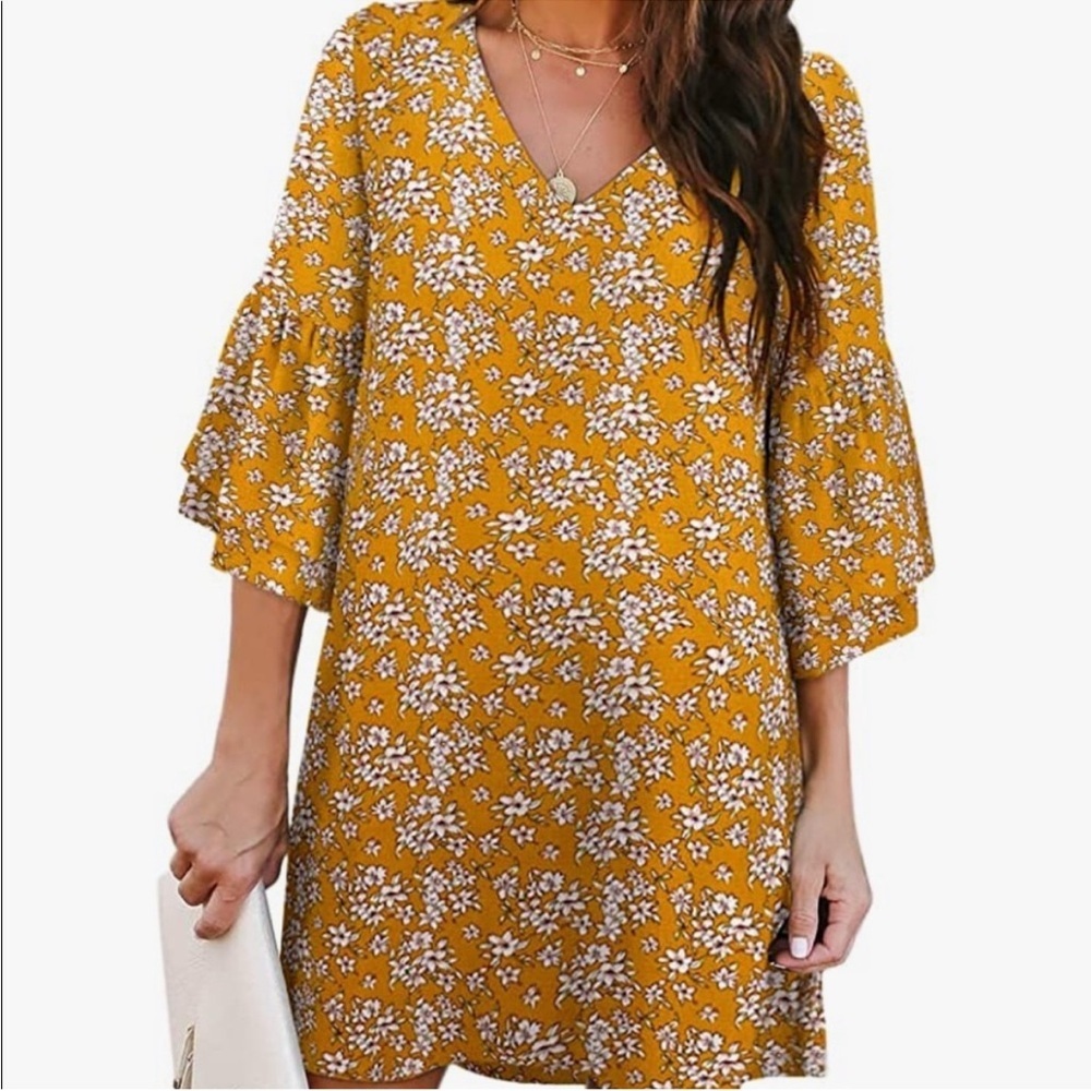 Belongsci Mustard Floral Shift Dress Ruffle Sleeve V Neck Cottagecore